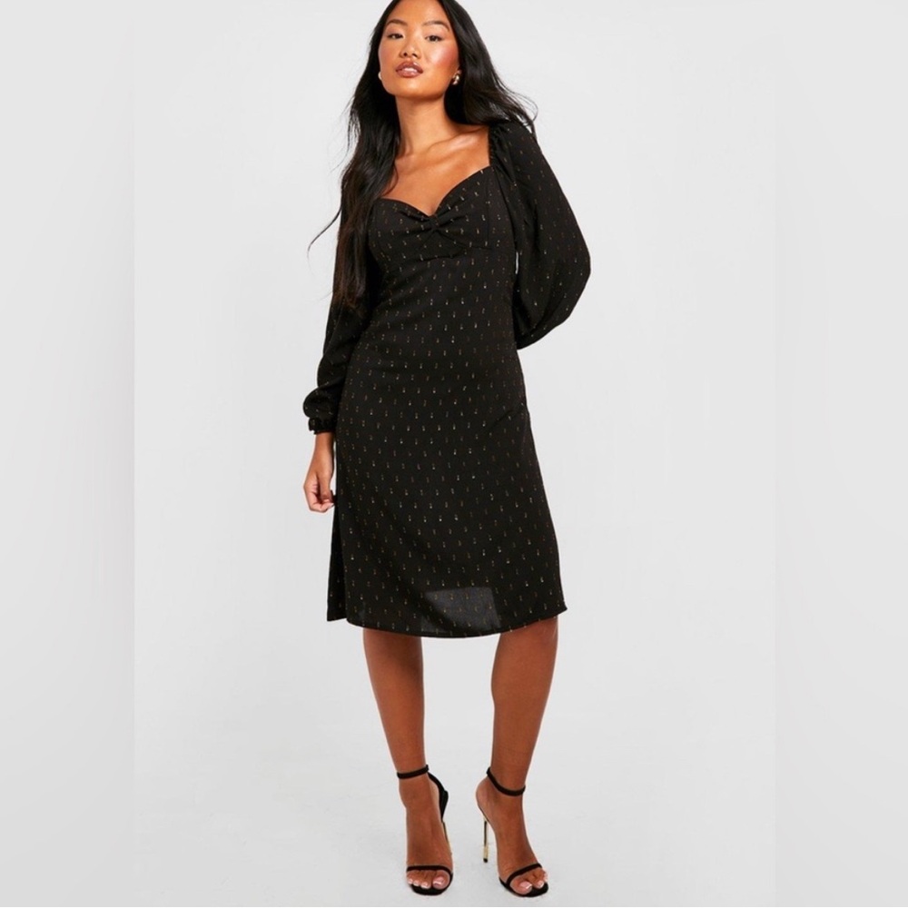 Boohoo Petite Metallic Black and Gold Donny Puff Sleeve Midi Dress NWT - 8 - Picture 2 of 13